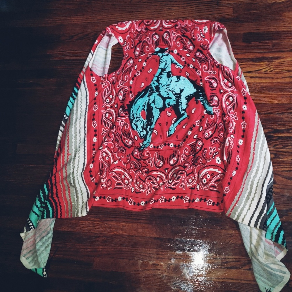 Boho Red Bandana Print Open Front Jacket with Teal Graphic